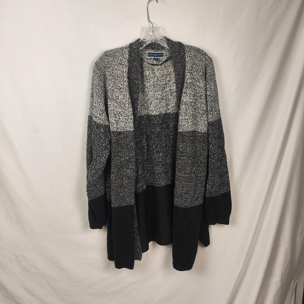 Karen Scott Sweater Cardigan Womens 2X Gray Black Stripe Open Front Knit Cozy